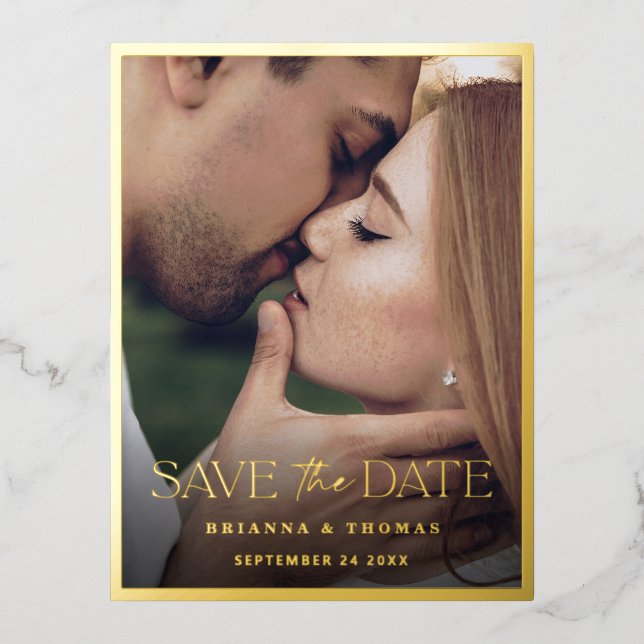 Modern Photo Save the Date Wedding Gold Foil Invitation Postcard (Front)