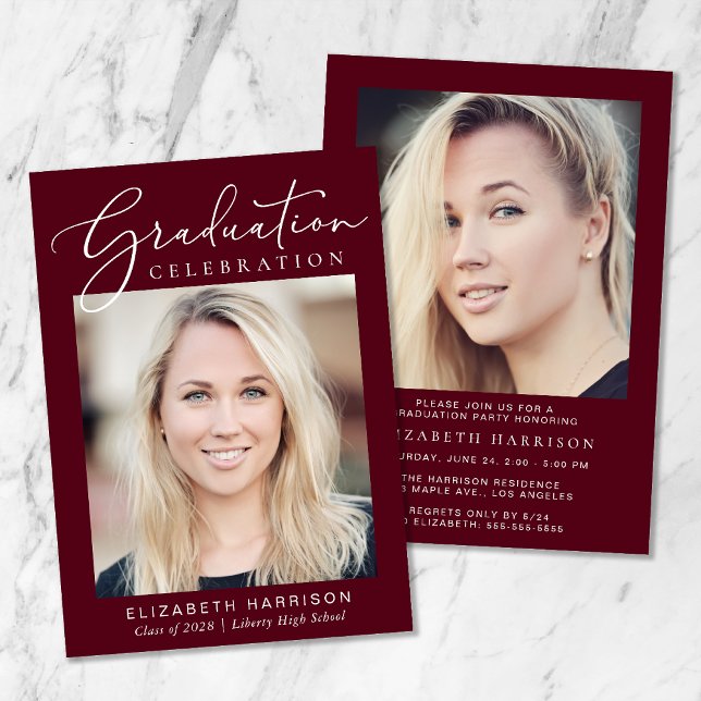 Modern Photo Script Burgundy Graduation Party Invitation (Creator Uploaded)