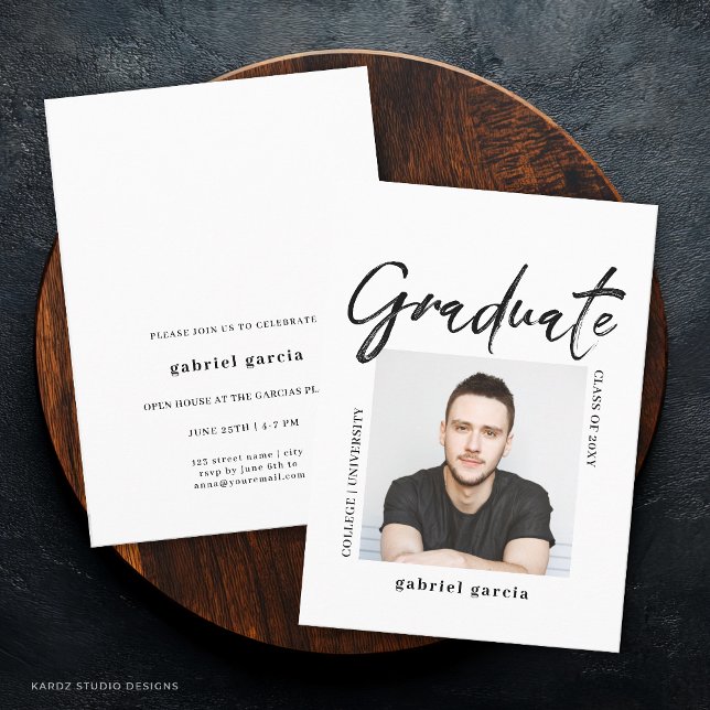 Modern Photo Script College Graduate Party Invitation (Front and back of a 4.5 x 6.25 inch. is shown. Choose size, paper, and corner style.
)