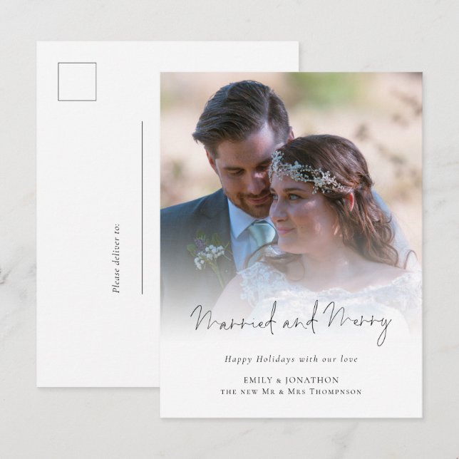 Modern Photo Script Married and Merry Holiday Postcard (Front/Back)