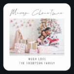 Modern Photo Script Merry Christmas Square Sticker<br><div class="desc">Modern Photo Script Merry Christmas. Add your favourite photo and personalise with your names beneath. Merry Christmas is in a stylish set handwritten style script.</div>