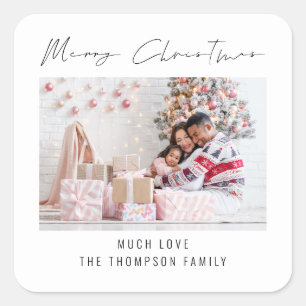 Modern Photo Script Merry Christmas Square Sticker