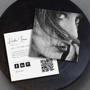Modern Photo Script Name Social QR Code Square Business Card