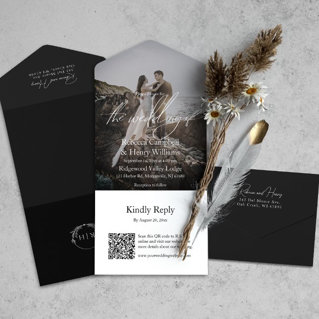 Modern Photo Script QR Code RSVP Black Wedding All In One Invitation (All-in-one wedding invitation with QR code to RSVP - Simplify and save time for you and your guests.)