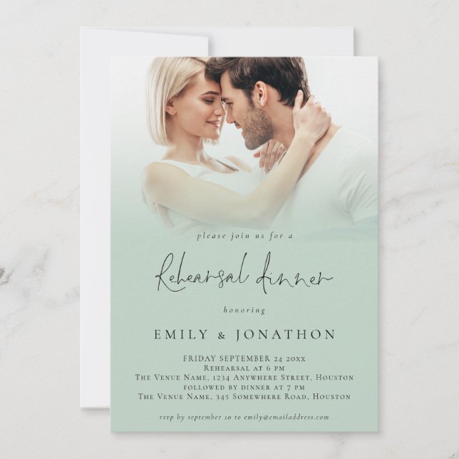  Modern Photo Script Sage Wedding Rehearsal Dinner Invitation (Front)