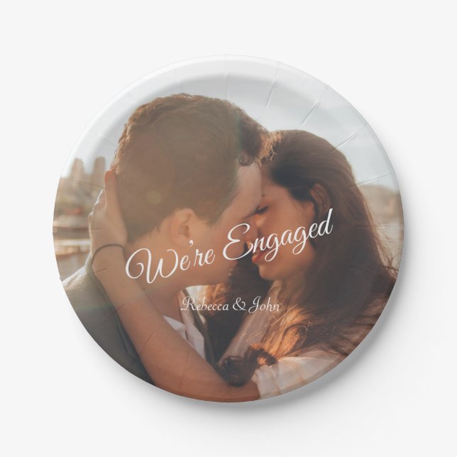 Modern Photo Script We're Engaged Party  Paper Plate (Front)