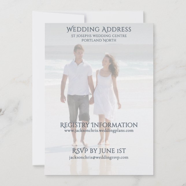 Modern Photo Serif Typography Beach Wedding Invitation (Back)