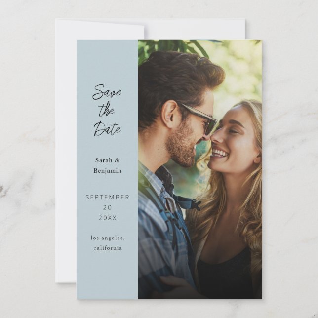 Modern Photo & Side Save the Date - Dusty Blue Invitation (Front)