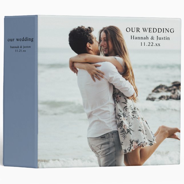 Modern Photo Simple Dusty Blue Wedding Planner 3 R Binder (Front/Spine)