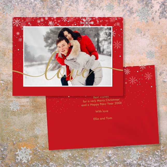 Modern Photo Snowflakes Gold Love Script  Holiday Card (Modern Photo Snowflakes Gold Love Script Holiday Card)
