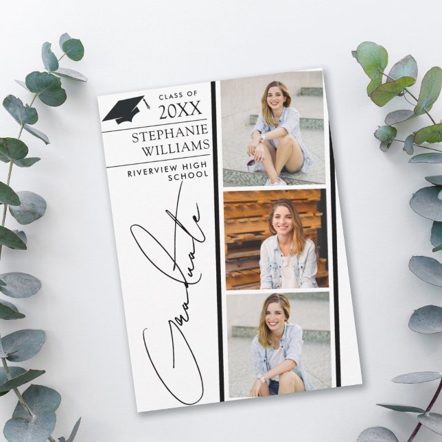 Modern Photo Strip White Graduation Announcement (Creator Uploaded)