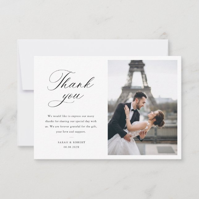 modern photo stylish script wedding thank you card (Front)