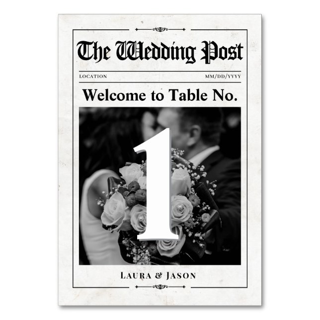 Modern Photo Table Number Card Wedding Newspaper (Front)
