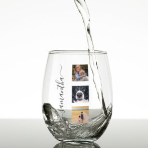 Modern Photo Template Handwritten name Script Stemless Wine Glass