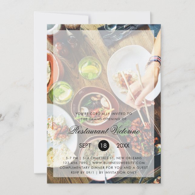 Modern Photo Text Overlay Restaurant Grand Opening Invitation (Front)
