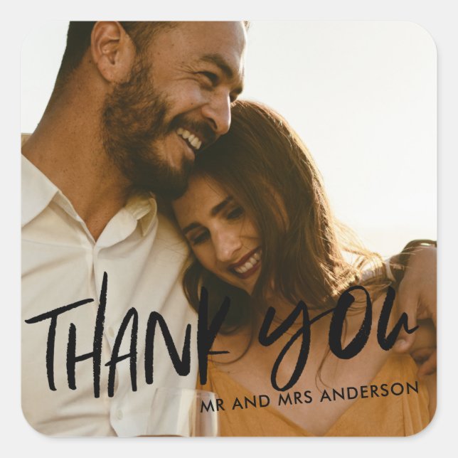 Modern Photo Thank You Wedding Favour Square Sticker (Front)