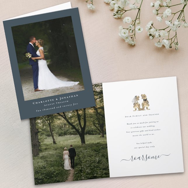 Modern Photo Thanks Dinosaur Theme Wedding Thank You Card (Modern 2 photo dinosaur wedding thank you charcoal gray card elegant script portrait landscape photo)