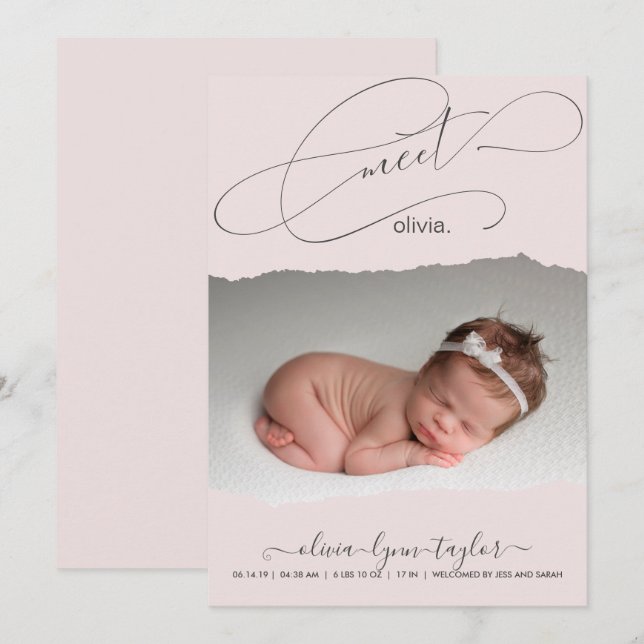 Modern Photo Torn Paper Frame Birth Announcement (Front/Back)