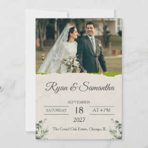 Modern Photo Torn Paper Greenery Wedding Invitation