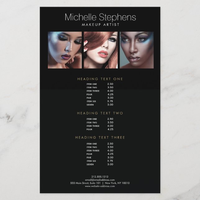Modern Photo Trio Makeup Artists Black Price List Flyer (Front)