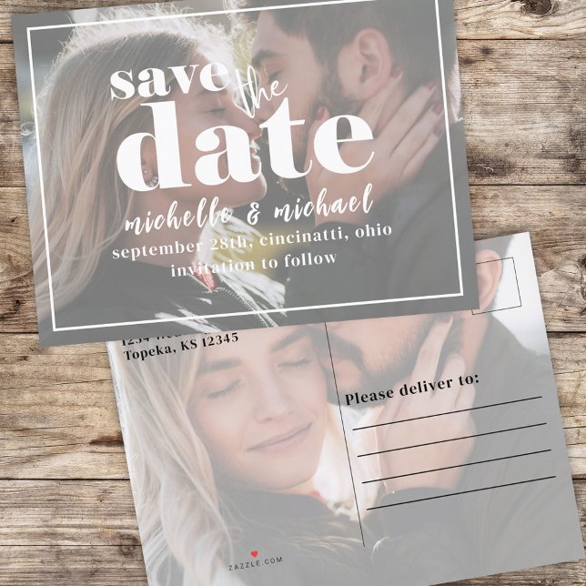 Modern Photo Typography Bold Simple Minimalist Announcement Postcard (Save the date two photo postcard template)