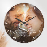 Modern Photo Wall Large Clock<br><div class="desc">Celebrate timeless love with this Custom Photo Wall Large Clock. Featuring one of your favourite photos, elegant script, and classic Roman numerals, it’s a modern and unique keepsake for newlyweds or as an engagement gift. If you’d like help personalizing it to make it truly special, let me know—I’d be happy...</div>