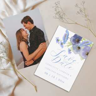 Modern Photo Watercolor Blue Floral Wedding Save The Date