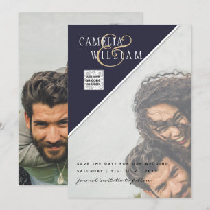 Modern PHOTO Wedding Invite QR CODE RSVP Blue