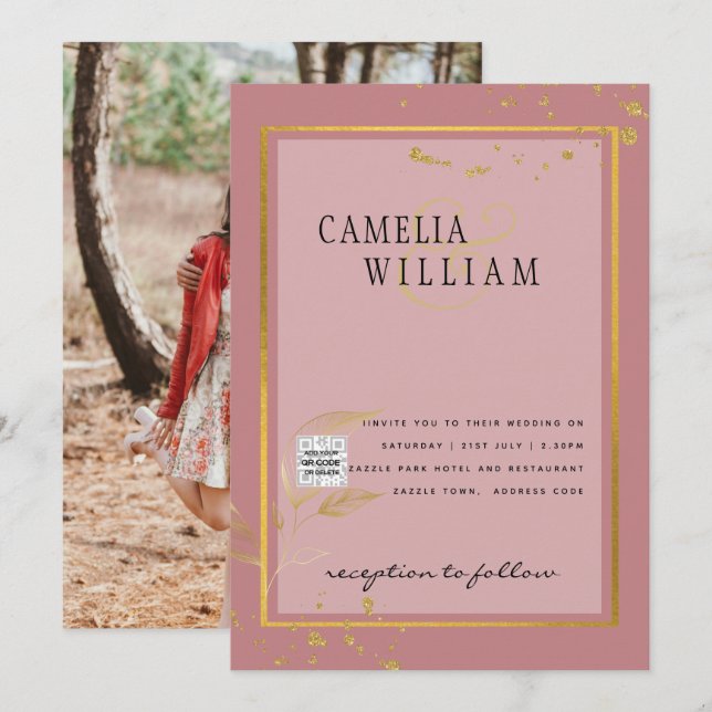 Modern PHOTO Wedding Invite QR CODE RSVP DustyROSE (Front/Back)