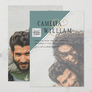 Modern PHOTO Wedding Invite QR CODE Rsvp Green