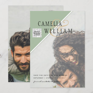 Modern PHOTO Wedding Invite QR CODE Rsvp Green