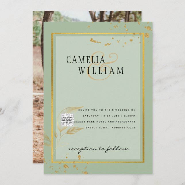 Modern PHOTO Wedding Invite QR CODE Rsvp Green (Front/Back)