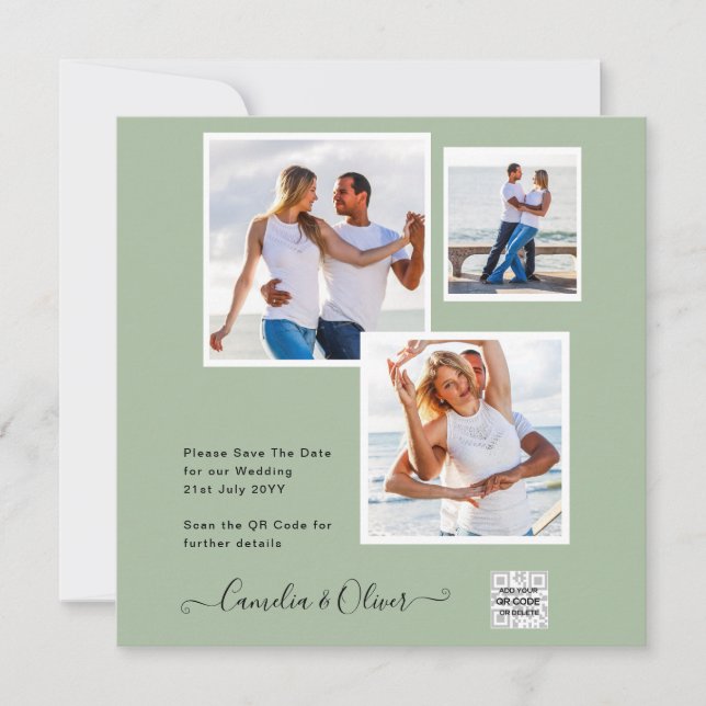 Modern PHOTO Wedding Invite QR CODE Rsvp Green (Front)