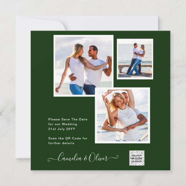 Modern PHOTO Wedding Invite QR CODE Rsvp Green (Front)