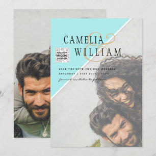 Modern PHOTO Wedding Invite QR CODE RSVP TEAL