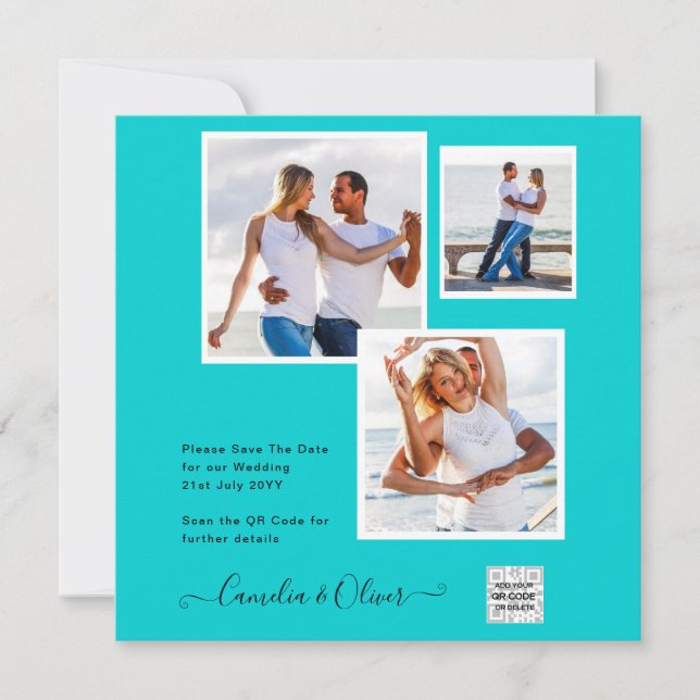 Modern PHOTO Wedding Invite QR CODE RSVP TEAL (Front)