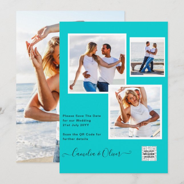 Modern PHOTO Wedding Invite QR CODE RSVP TEAL (Front/Back)