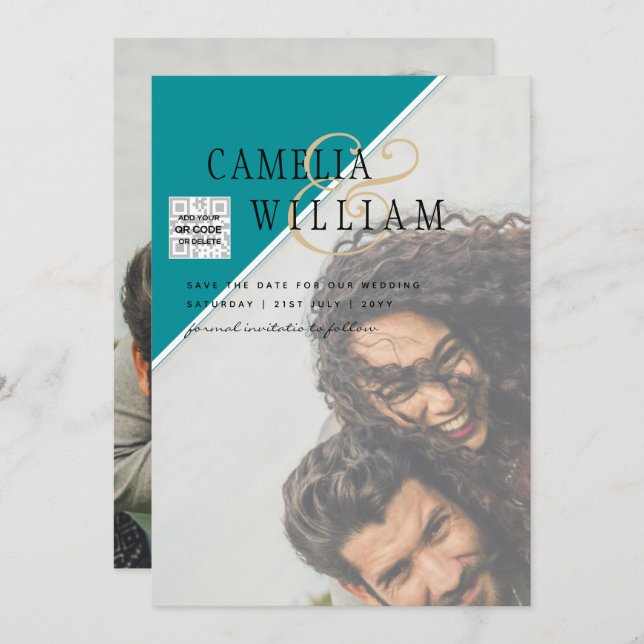 Modern PHOTO Wedding Invite QR CODE RSVP TEAL (Front/Back)