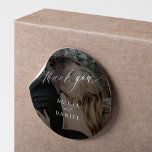 Modern photo wedding thank you favour  classic round sticker<br><div class="desc">Elegant simple minimal faded photo black overlay wedding favour thank you sticker featuring a classy stylish chic trendy calligraphy script.                      Easy to personalize with your couple's names and picture!</div>