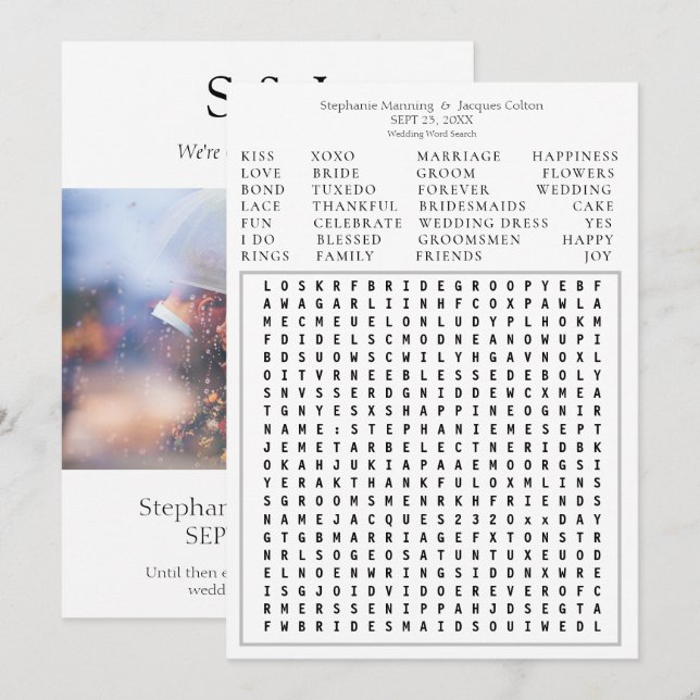 Modern Photo Wedding Word Search Save the Date-W2 Invitation (Front/Back)