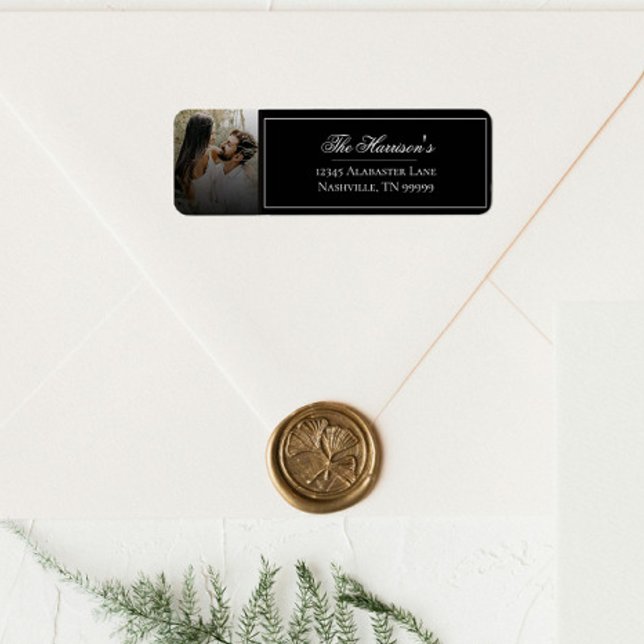 Modern Photo with Black Overlay Wedding Address (Modern Photo with Black Overlay Wedding Address Label)