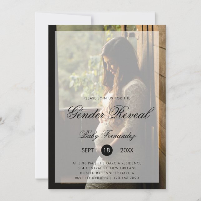 Modern Photo with Chic Script Gender Reveal Party Invitation (Front)