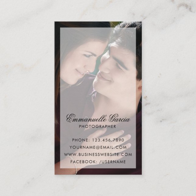 Modern Photo with Chic Script Name Photographer Business Card (Front)