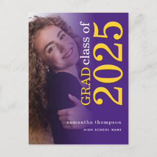 Modern Photo Yellow Purple 2025 Graduation Announcement Postcard