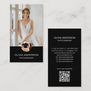 Modern Photographer 2 Photos QR Code Simple Black Business Card