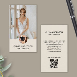 Modern Photographer 2 Photos QR Code Simple Cream Business Card