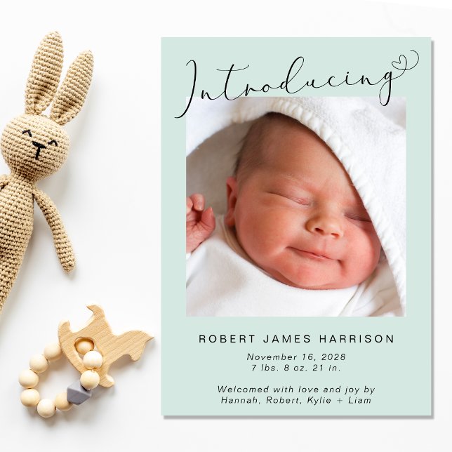 Modern Photos Mint Baby Birth Announcement (Announce the arrival of your precious baby in a way that is as beautiful and unique as they are)