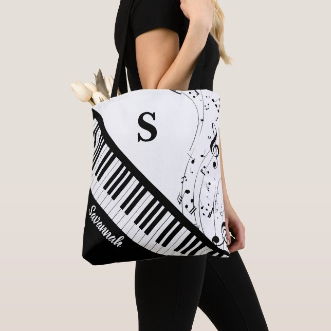 Modern Piano Music Notes Monogram Name Black White Tote Bag (Close Up)