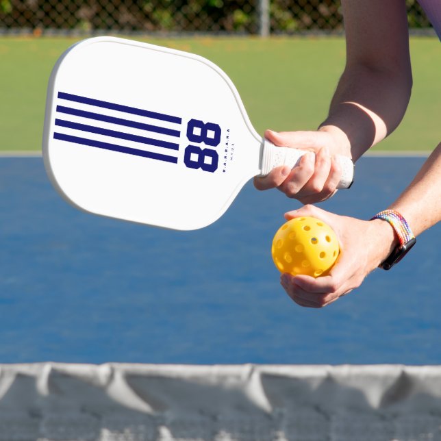 Modern Pickleball Name Number Navy Blue Stripes Pickleball Paddle (Insitu)