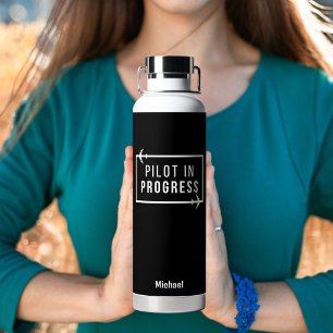 Modern Pilot in Progress & Airplane, Custom Travel Water Bottle